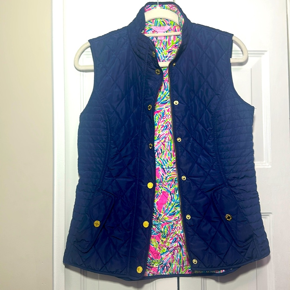 Lilly Pulitzer Size S True Navy Palm Vest Preppy Quilted Blake